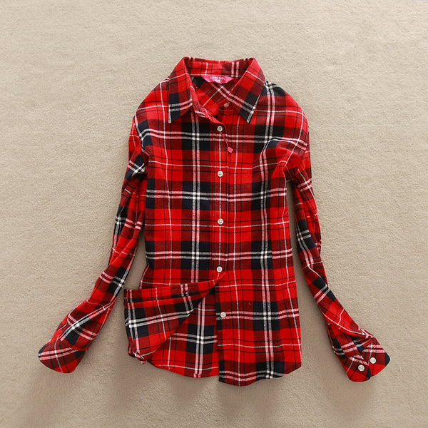 2017 New Hot Sale Long Sleeve Cotton Plaid Shirt Turn Down Collar Shirt Blusas Feminino Ladies Blouses Womens Tops Fashion