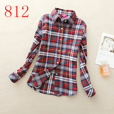 2017 New Hot Sale Long Sleeve Cotton Plaid Shirt Turn Down Collar Shirt Blusas Feminino Ladies Blouses Womens Tops Fashion