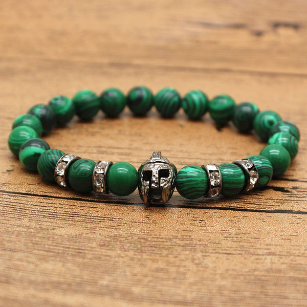 Hansion Hot Roman Knight Spartan Warrior Gladiator Helmet Rhinestone Bracelet Men Malachite Stone Bead Bracelets For Men Jewelry