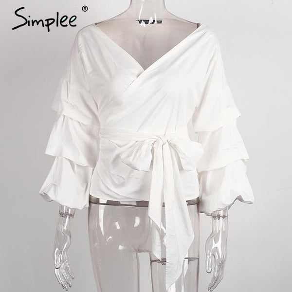 Simplee Ruffled off shoulder white blouse shirt Autumn sexy ruched sleeve cool blouse Women waist tie cotton top tees blusas
