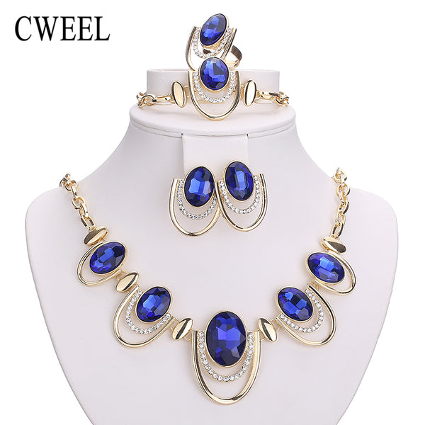 CWEEL New African Jewelry Sets Gold Color White Imitated Blue/Crystal Women Wedding Necklace Bracelet Earring Ring Set