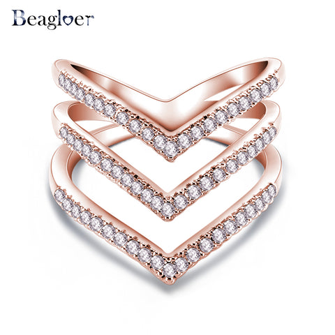 Promotion Sale Beagloer 2017 New Fashion Ring Rose Gold Color Trendy Three V Shape Ring for Women CRI1034