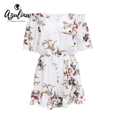 AZULINA Casual Off Shoulder Floral Print Women Romper Jumpsuit 2017 Summer Sexy Beach Loose Playsuits White Chiffon Overalls