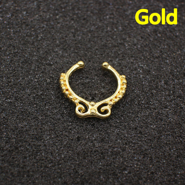 Ethnic Hollow crystal clicker fake septum For Women Studs Clip Hoop nose ring Faux Piercing Punk Men Body Jewelry non Wholesale