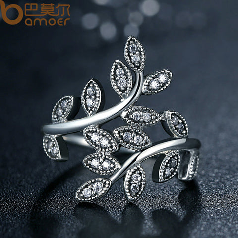 Silver Color Sparkling LEAVES SILVER RING WITH CUBIC ZIRCONIA for Women Jewelry PA7206