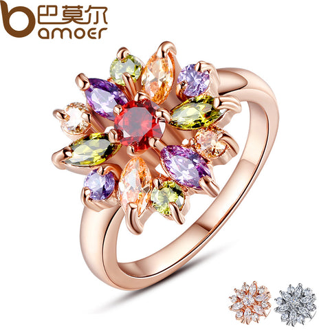 BAMOER 3 Colors  Rose Gold Color Finger Ring for Women with AAA Multicolor Cubic Zircon Wedding Berloque #6 7 8 9 JIR031