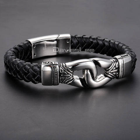 Davieslee Gold-color Knot Charm Mens Wristband Braided 316L Stainless Steel Black Genuine Leather Bracelet DLHBM60