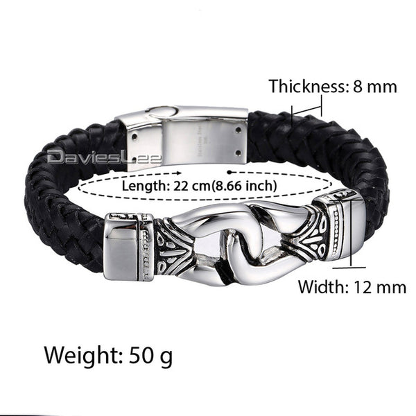 Davieslee Gold-color Knot Charm Mens Wristband Braided 316L Stainless Steel Black Genuine Leather Bracelet DLHBM60