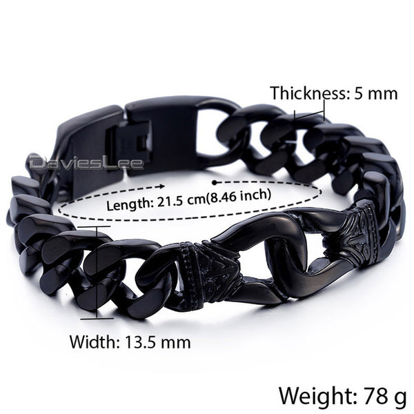 Davieslee Gold-color Knot Charm Mens Wristband Braided 316L Stainless Steel Black Genuine Leather Bracelet DLHBM60