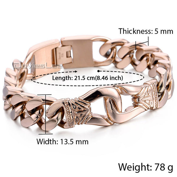 Davieslee Gold-color Knot Charm Mens Wristband Braided 316L Stainless Steel Black Genuine Leather Bracelet DLHBM60