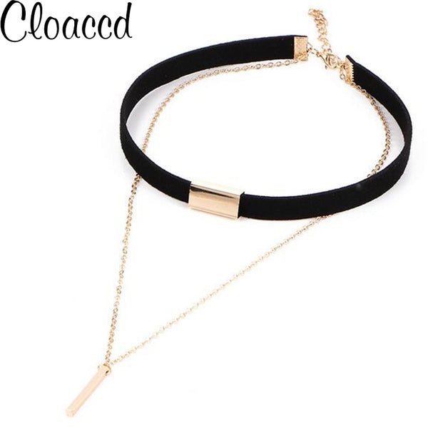 Cloaccd New Design Black Velvet Leather Choker Necklace Fashion Gold Color Long Chain Alloy Pendant for Women