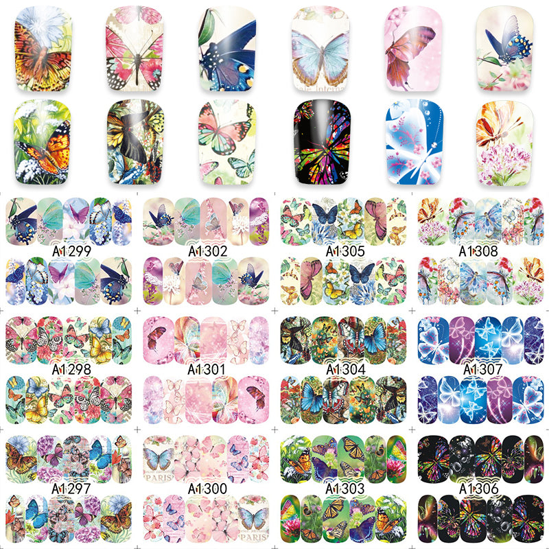 1 Sheet Nail Art Wrap Water Transfer Nails Sticker Butterfly Series Water Decals Stickers Decoration Tools Wraps A1297-1308