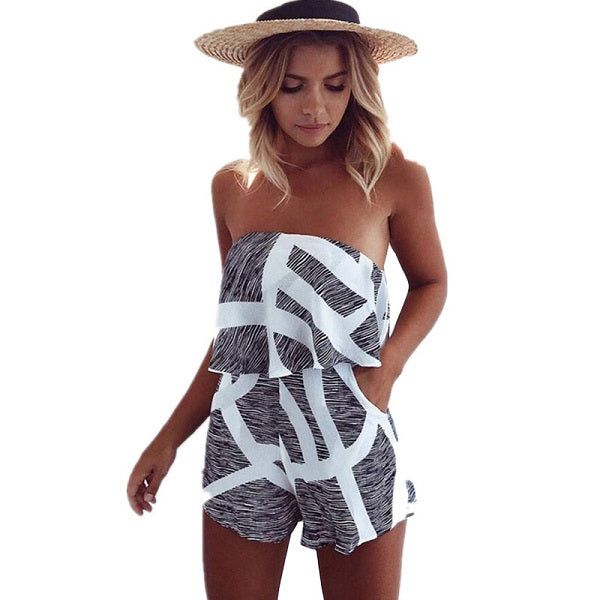 ELSVIOS Women Rompers print  lace Jumpsuit Summer Short pleated Overalls Jumpsuit Female chest wrapped strapless Playsuit