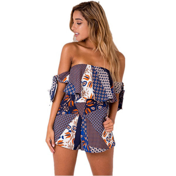 ELSVIOS Women Rompers print  lace Jumpsuit Summer Short pleated Overalls Jumpsuit Female chest wrapped strapless Playsuit