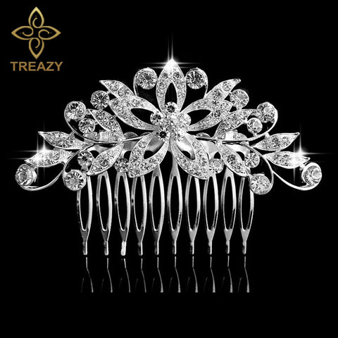TREAZY Leaf Flower Butterfly Wedding Tiara Diamante Silver Plated Crystal Pearl Hair Combs Hairpins Bridal Jewelry Accessories