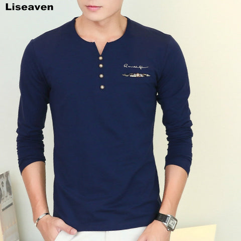 Liseaven autumn new men's long sleeved T-shirt v neck button decorated casual streetwear long sleeve t shirt men top tees