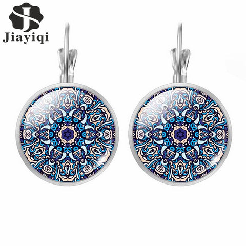 2017 New Vintage Mandala OM Hinduism Glass Jewelry Datura Flower Round Silver Stud Earrings For Women Best Gift