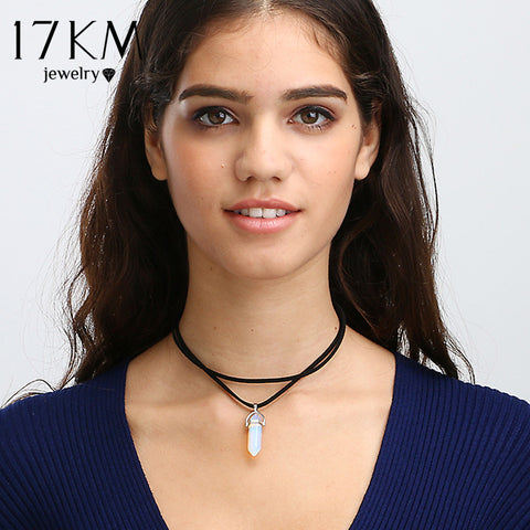 17KM 9 Colors Geometric Black Leather Tattoo Choker Necklace for Women Fashion Big Stone Beads Pendant Boho Gothic Jewelry Gift
