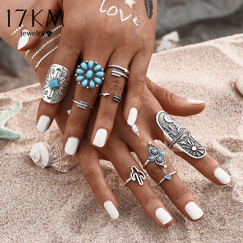 17KM 9Pcs/ Fashion Blue Stone Bohemian Ring Set Vintage Steampunk Cross flower Anillos Ring Knuckle Rings for Women New Jewelry