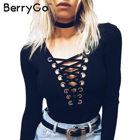 BerryGo Cross lace up jumpsuit romper women Autumn winter knitted bandage bodysuit overalls Sexy v neck playsuit leotard