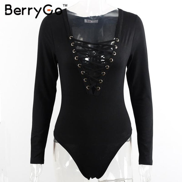 BerryGo Cross lace up jumpsuit romper women Autumn winter knitted bandage bodysuit overalls Sexy v neck playsuit leotard