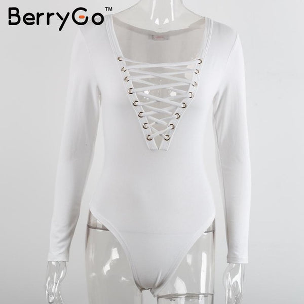 BerryGo Cross lace up jumpsuit romper women Autumn winter knitted bandage bodysuit overalls Sexy v neck playsuit leotard