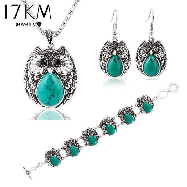 17KM Summer Style Jewelry Sets Vintage Green & Red Stone Pendant Necklace Owl Drop Earrings Charm Bracelet  For women