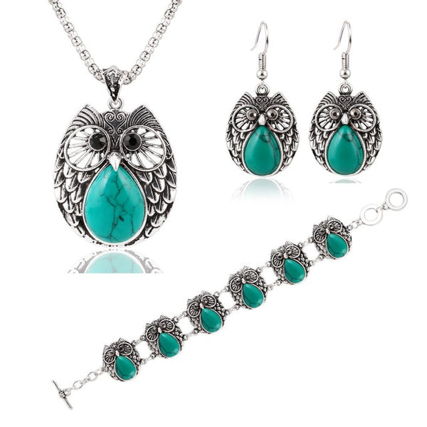 17KM Summer Style Jewelry Sets Vintage Green & Red Stone Pendant Necklace Owl Drop Earrings Charm Bracelet  For women