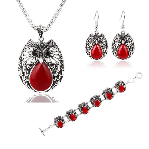 17KM Summer Style Jewelry Sets Vintage Green & Red Stone Pendant Necklace Owl Drop Earrings Charm Bracelet  For women