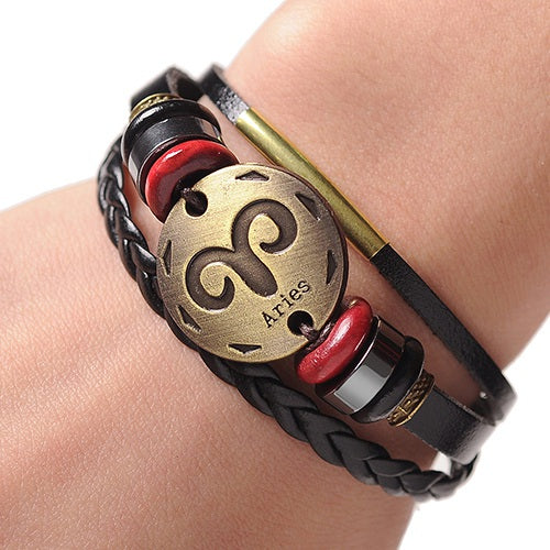 12 Zodiac Signs Cuff Leather Bracelet Men Femme Charms For Women Jewelry Couple Lovers Fits For Original Bracelets & Bangles
