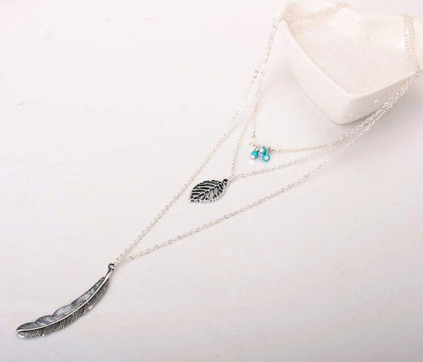 MissCyCy Fashion Simple  Necklaces Leaf Long Pendant Necklaces 3 Layer Chain Necklace multilayer Necklaces