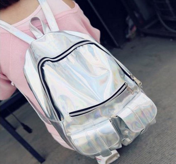 suutoop holographic backpack mochilas feminina women silver hologram laser men's back pack leather bagpack school bags zaino