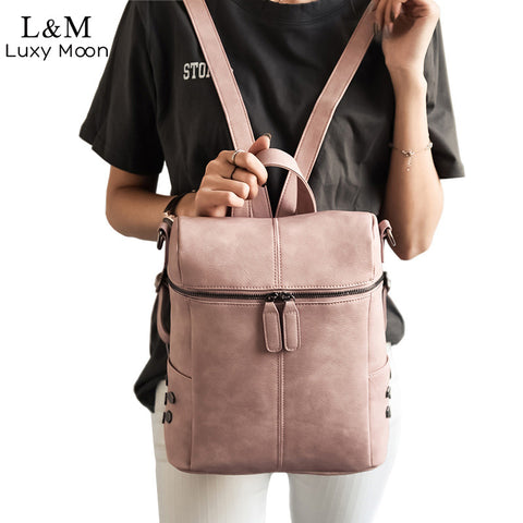 Simple Style Backpack Women PU Leather Backpacks For Teenage Girls School Bags Fashion Vintage Solid Shoulder Bag Pink XA568H