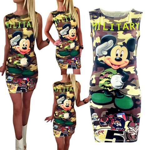 New Arrival 2017 Women Dress O Neck Sleeveless Cartoon Print Camouflage Color Elegant Sexy Ladies Dresses