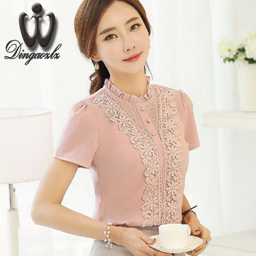 Dingaozlz 2017 Summer lace blouse New Women Clothing lace embroidery Chiffon shirt Short sleeve Female Women Tops 3XL