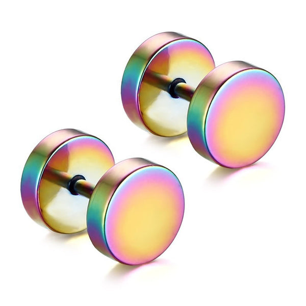 YYW 1Pair Punk Double Sided Round Titanium Steel Earrings Men Women Blue Gold-color Fake Ear Plugs Gothic Barbell Stud Earring