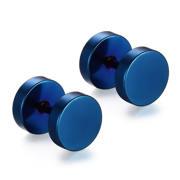 YYW 1Pair Punk Double Sided Round Titanium Steel Earrings Men Women Blue Gold-color Fake Ear Plugs Gothic Barbell Stud Earring