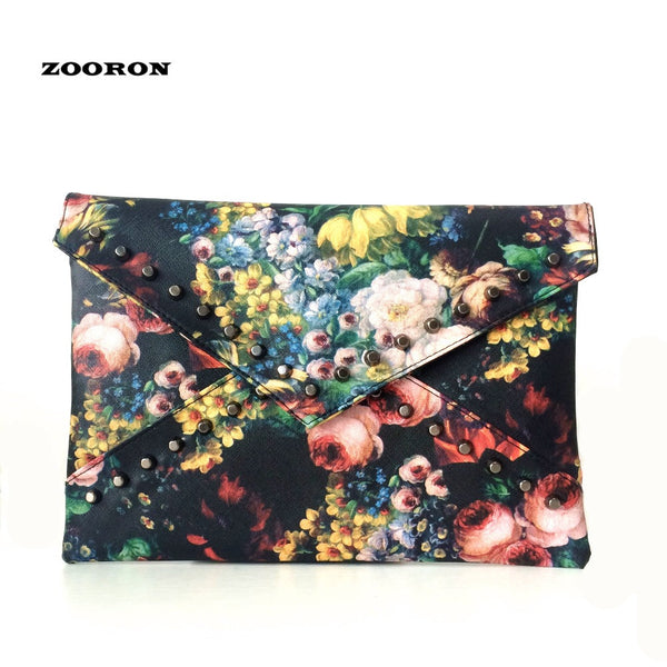 Summer Bag 2017 New Arrival Women Flower Clutches Painting Rivets Bag Leather Hand Bag Fashion Shoulder Bags