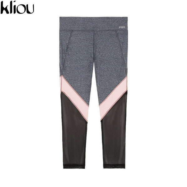 Kliou 2017 Women Casual Leggings Fitness summer Leggings New Arrival Ladies Plain Elastic Waist patchwork  Mesh Insert Leggings