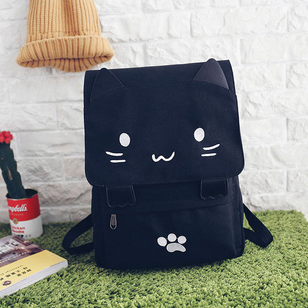 Cute Cat Canvas Backpack Cartoon Embroidery Backpacks For Teenage Girls School Bag Casual Black Printing Rucksack Mochilas XA69H