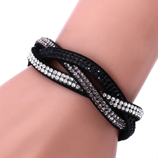 Fashion Charm Rhinestone Leather Wrap Crystal Multilayer Bracelets Bangles for Women Party Jewelry Bracelets KQS