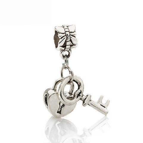 Couqcy Free Shipping 1Pc Silver Bead Charm European Silver with Love Lock key Charm Pendant Bead Fit Pandora Bracelet