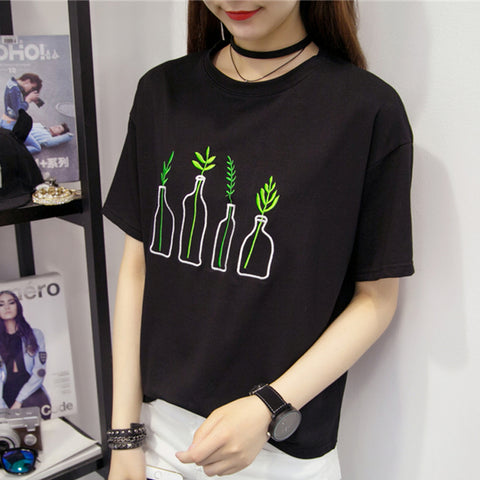 Harajuku Japanese Cartoon Print Sweatshirt Tee Loose Bottle Embroidery Shirt Femme Summer Women Casual Short Sleeve Girls Tops