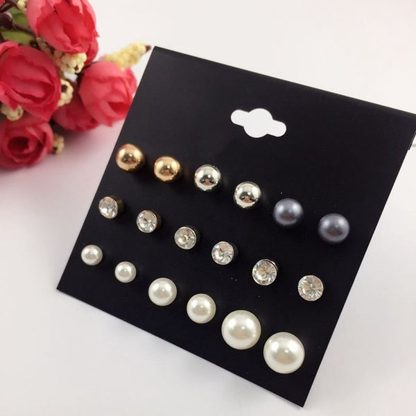 DANZE 12 Pair /Lot Fashion Classic Crystal Stud Earrings Set For Women Simulated Pearl Jewelry Wholesale Price 7 Style Brincos