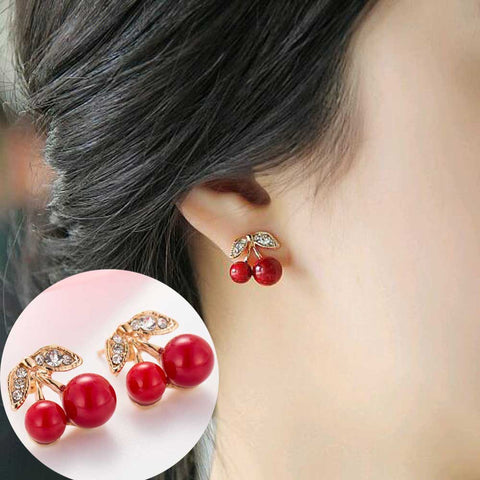 TOMTOSH 2016 New style simple Fashion Lovely big pearl Red cherry earrings rhinestone leaf bead stud earrings for woman jewelry
