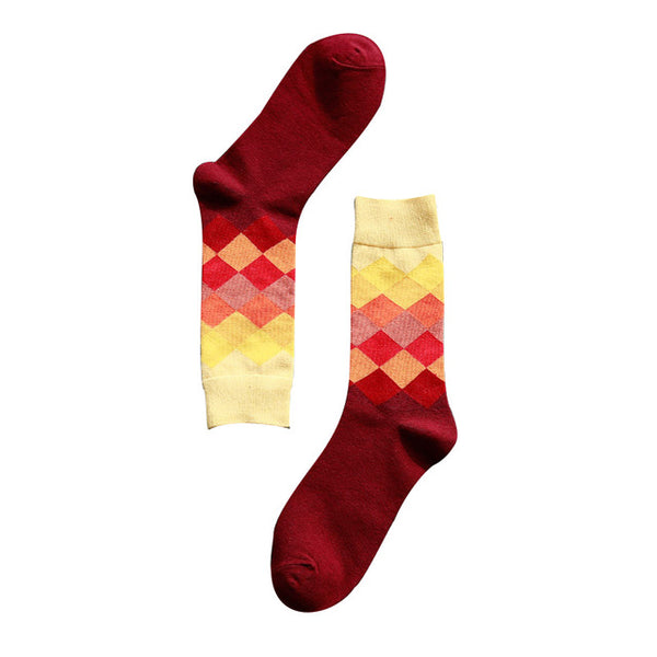 Casual Mens Cotton Colorful Geometry Socks Harajuku Gradient Color Business Dress Socks Diamond Plaid Long Socks calcetines