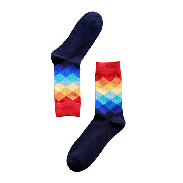 Casual Mens Cotton Colorful Geometry Socks Harajuku Gradient Color Business Dress Socks Diamond Plaid Long Socks calcetines