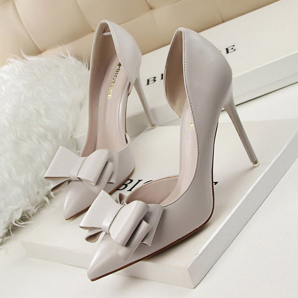 2016 fashion delicate sweet bowknot high heel shoes side hollow pointed women pumps