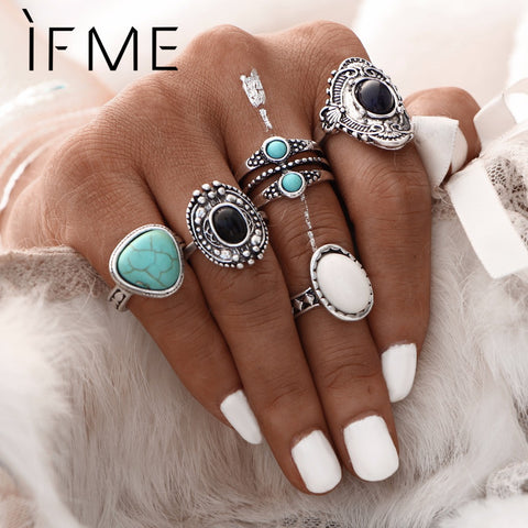 IF ME 5PCS/Set Vintage Bohemian Synthetic Big Stone Retro Silver Color Ring Sets Boho Beads Rings Girls Women Jewelry Bagues