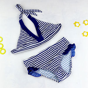 8-16Y Navy/Beach Baby Girl Bikini Swimsuits Child Bathing Set Stripe Halter Strap Falbala Swimwear Kids Biquini Infant GBSL01